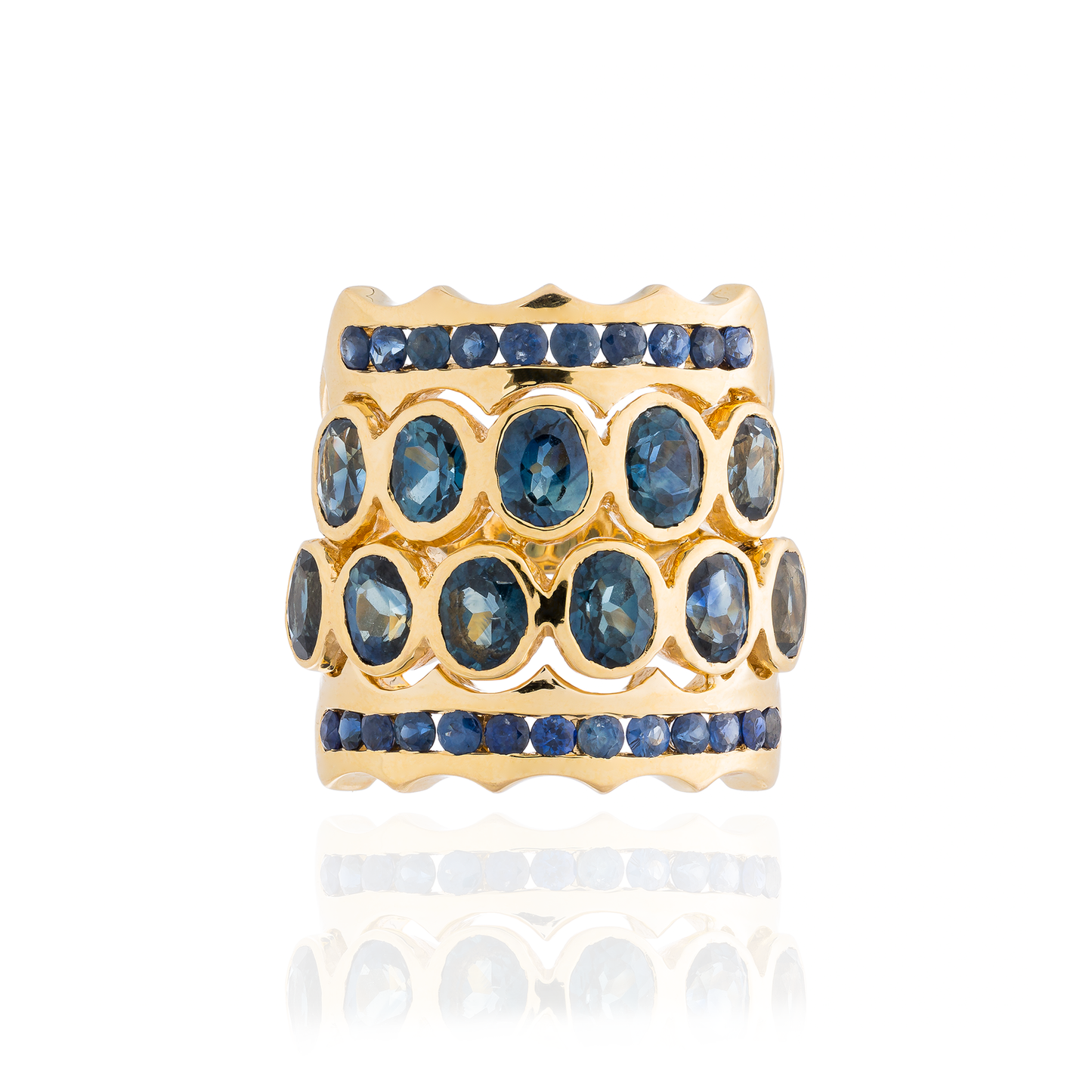 Iconic Wave 18K Yellow Gold Ring with Blue Sapphires