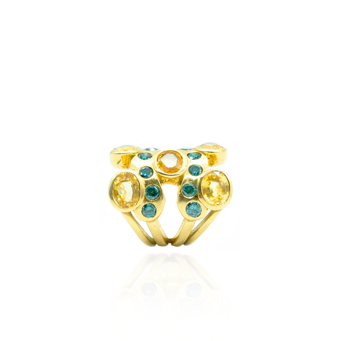 18K Yellow Gold Ring with Yellow Sapphires & Green Diamonds