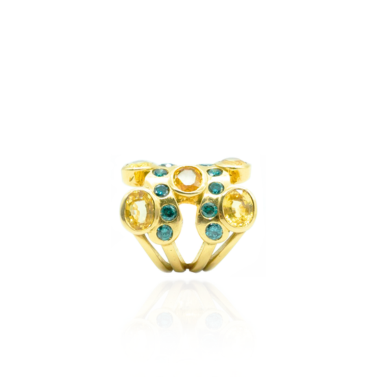 18K Yellow Gold Ring with Yellow Sapphires & Green Diamonds