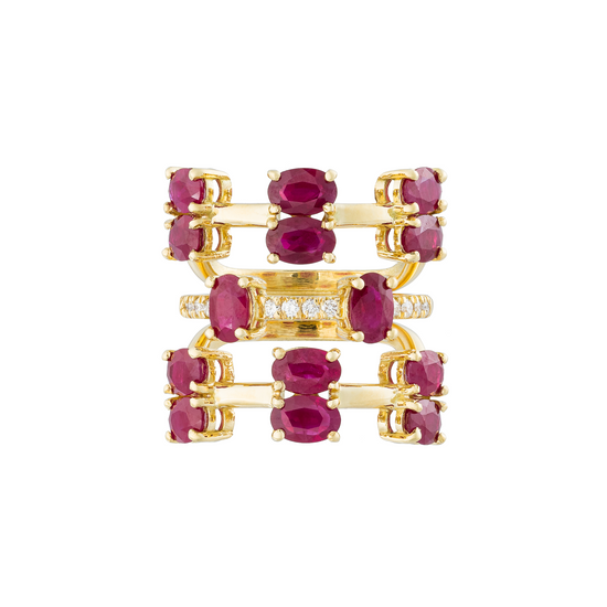 Colored Constellation 18K Yellow Gold Ring with Rubies