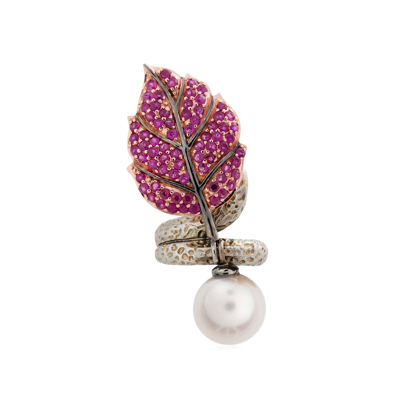 925 Silver Leaf Ring with Ruby Pavé & Pearls