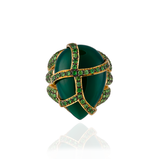 18K Yellow Gold Ring with Green Onyx Cabochon