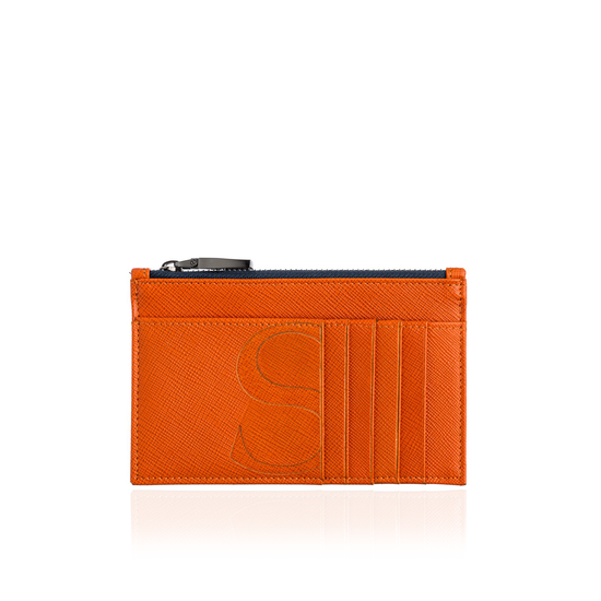 Credit Card Zip Pouch in Orange Textured Leather