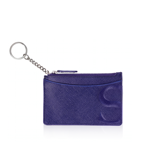 Credit Card Pouch with Keyring in Blue Textured Leather