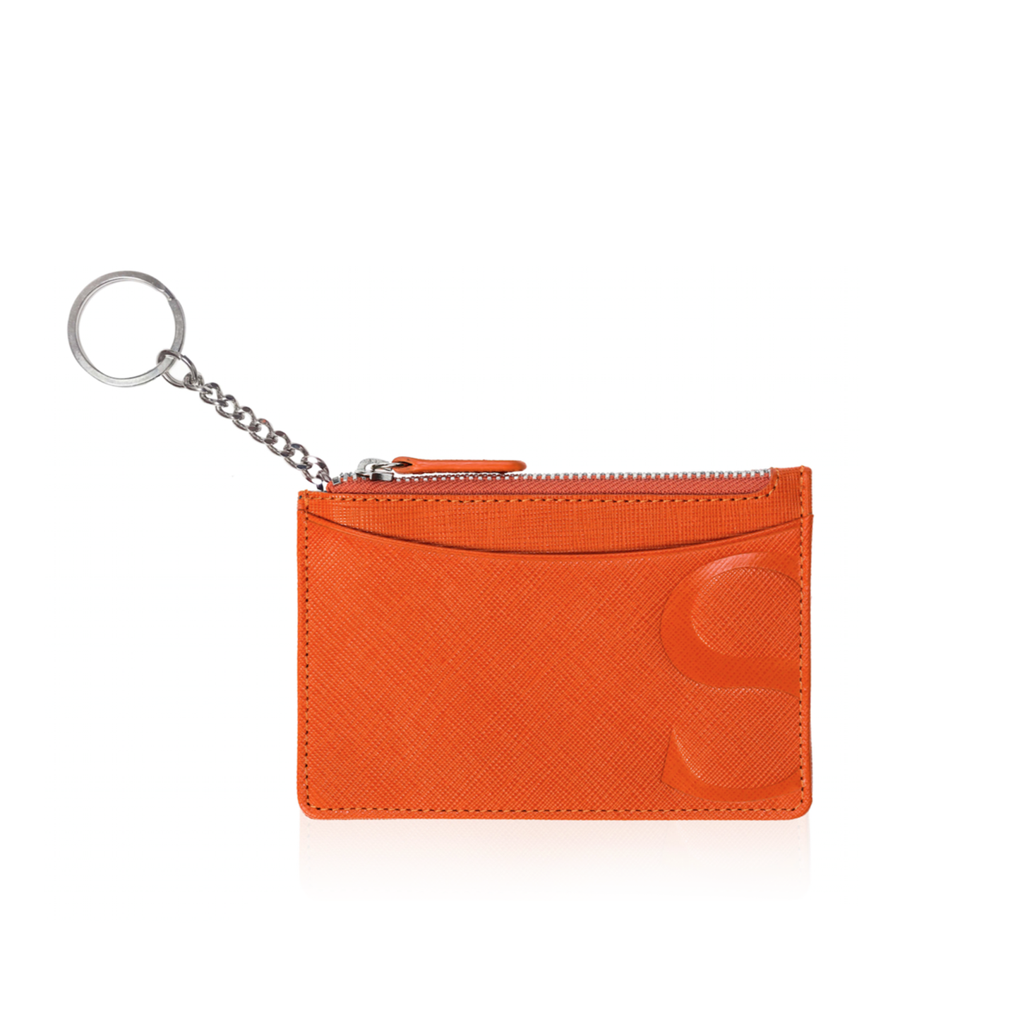Credit Card Pouch with Keyring in Orange Textured Leather