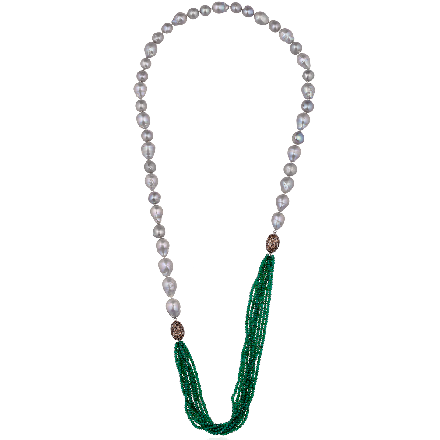 Long Freshwater Pearls Necklace with Green Onyx Strands