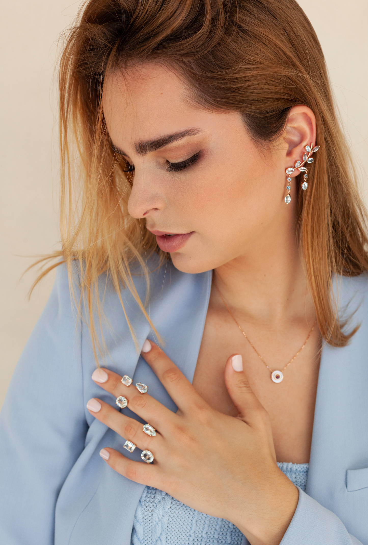 Waterfall 14KT Rose Gold  Earrings with faceted Aquamarine