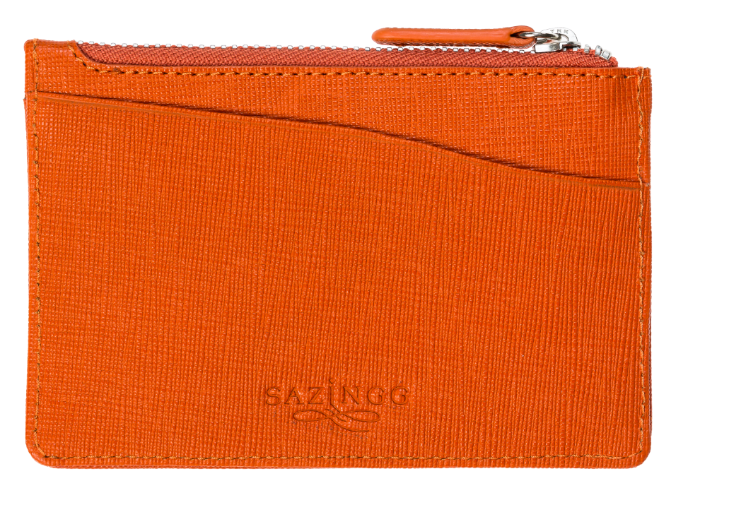 Credit Card Pouch with Keyring in Orange Textured Leather