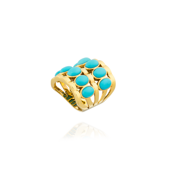 925 Silver Ring Plated in 18K Yellow Gold with Turquoise Cabochons