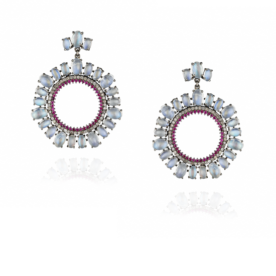 925 Silver Earring Black Rhodium with Moonstone Cabouchon , Diamond  and Ruby.