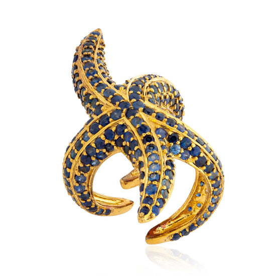Load image into Gallery viewer, 925 Silver Starfish Ring with Blue Sapphires
