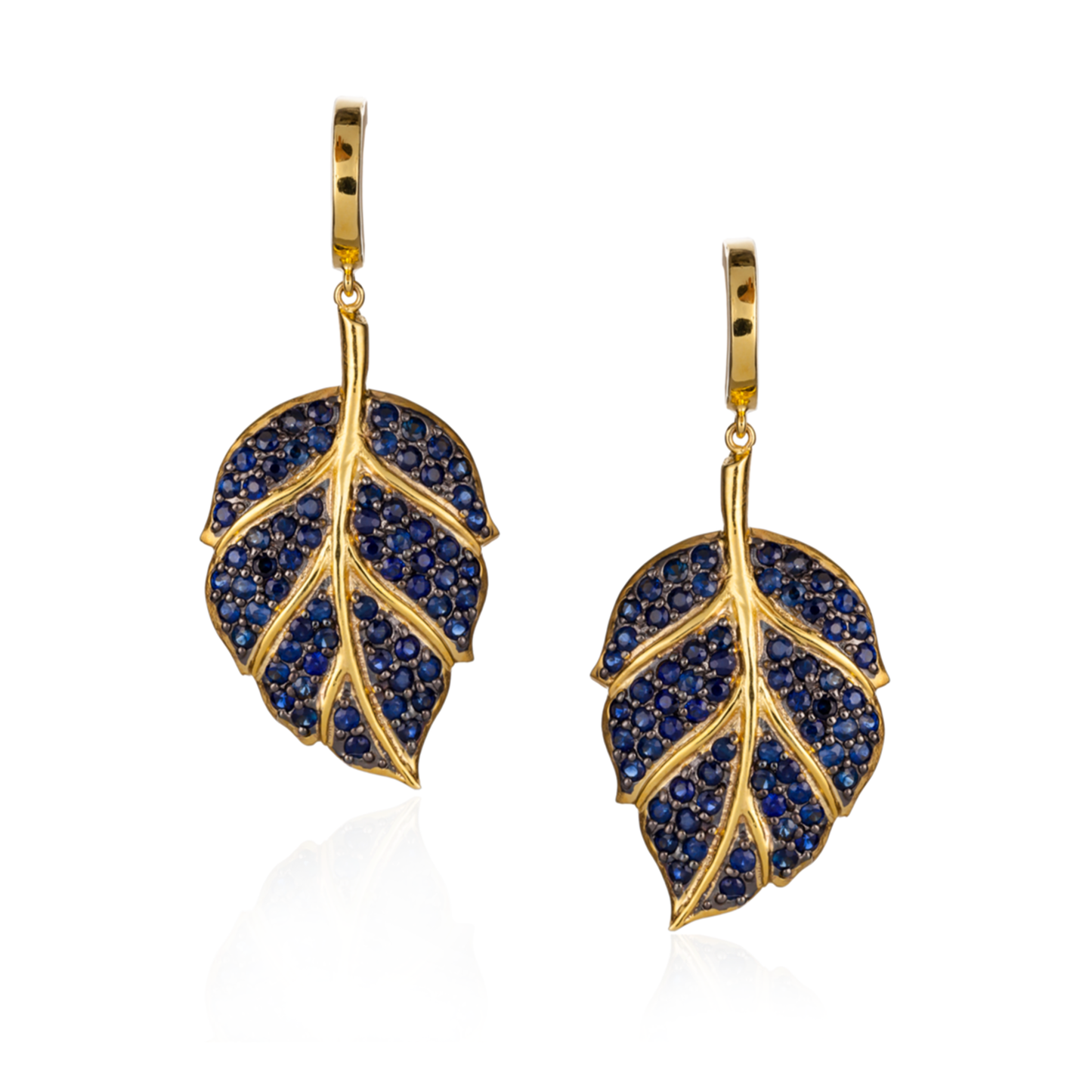 925 Silver Leaf Earings with Blue Sapphire Pavé.