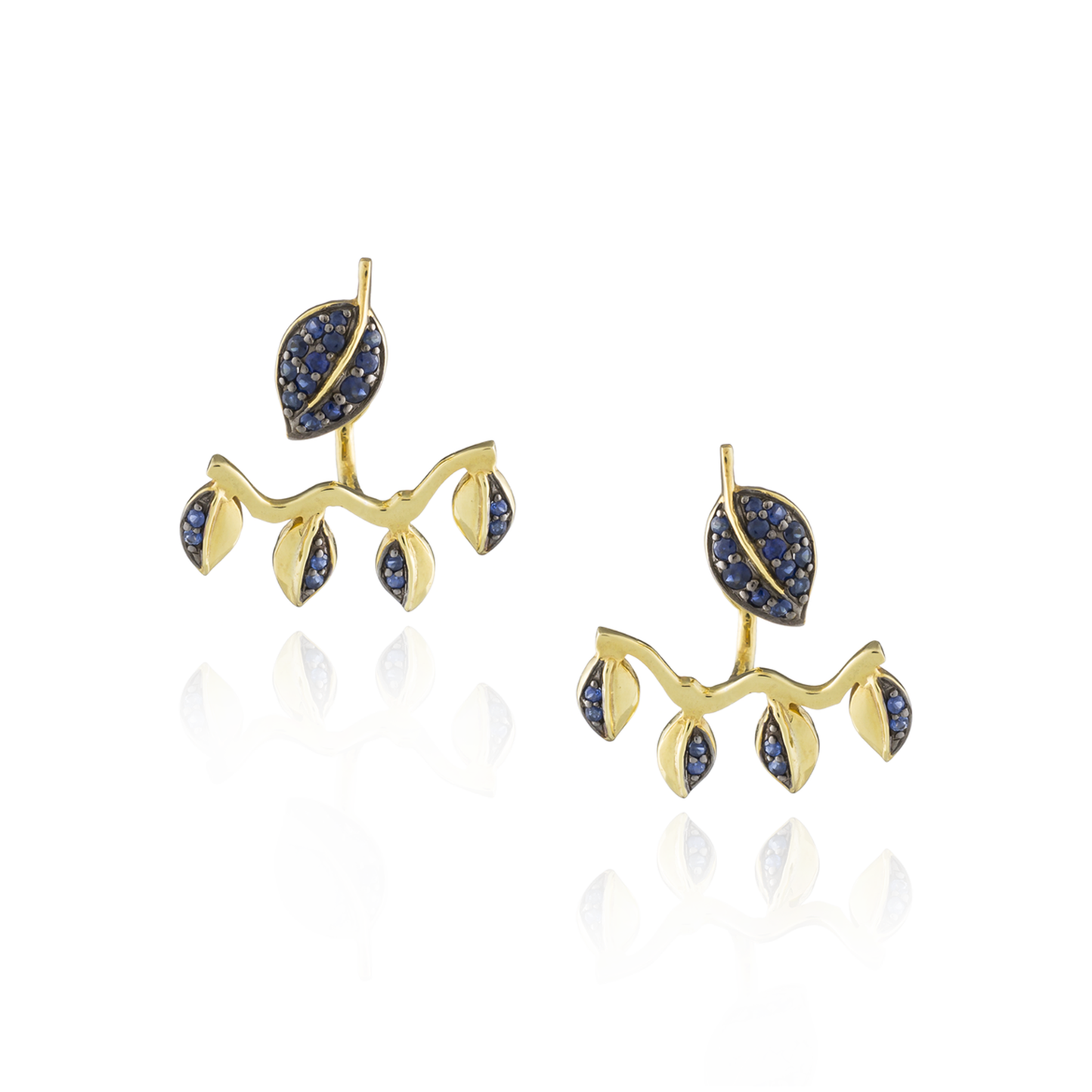 925 Silver Double Leaf Earrings with Blue Sapphire Pavé