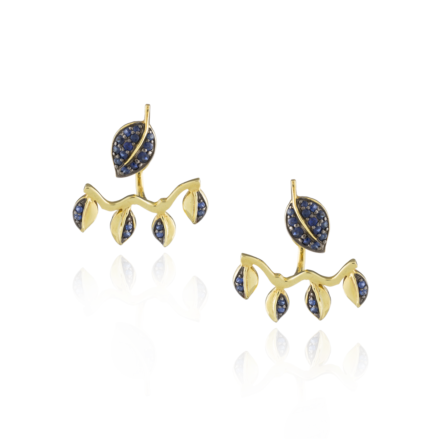 Load image into Gallery viewer, 925 Silver Double Leaf Earrings with Blue Sapphire Pavé
