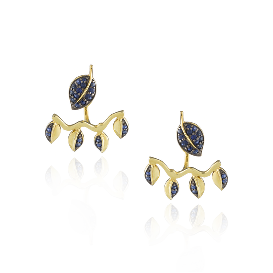 925 Silver Double Leaf Earrings with Blue Sapphire Pavé