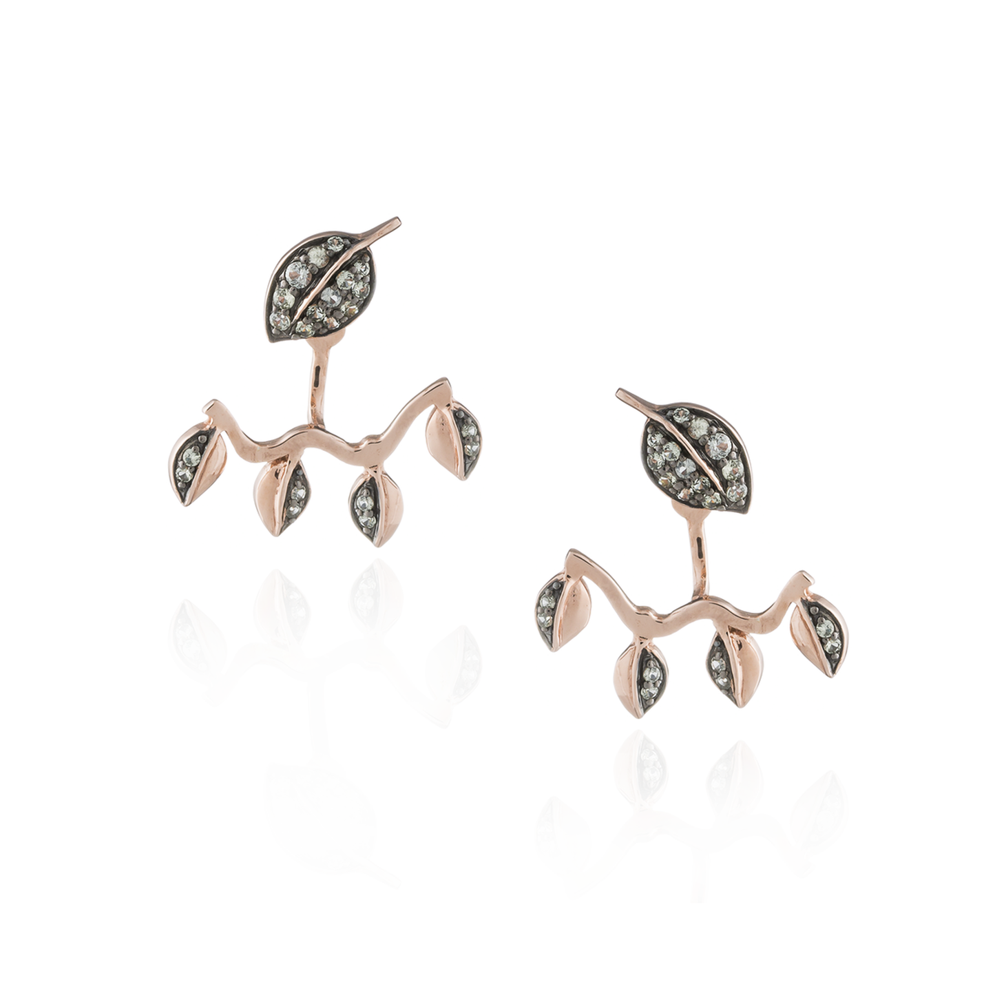 Load image into Gallery viewer, 925 Silver Double Leaf Earrings with Green Sapphire Pavé
