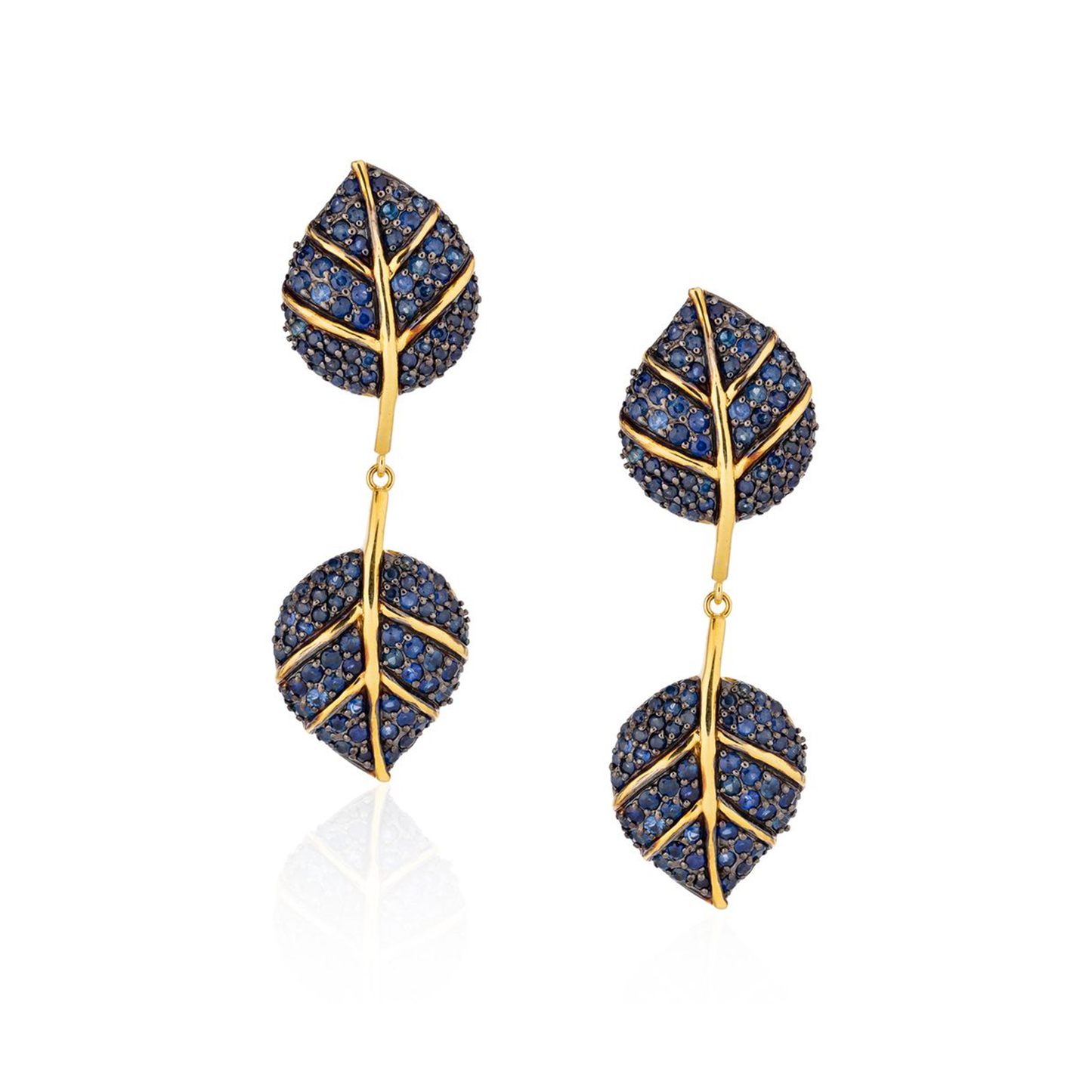 925 Silver Double Leaf Earrings with Blue Sapphires