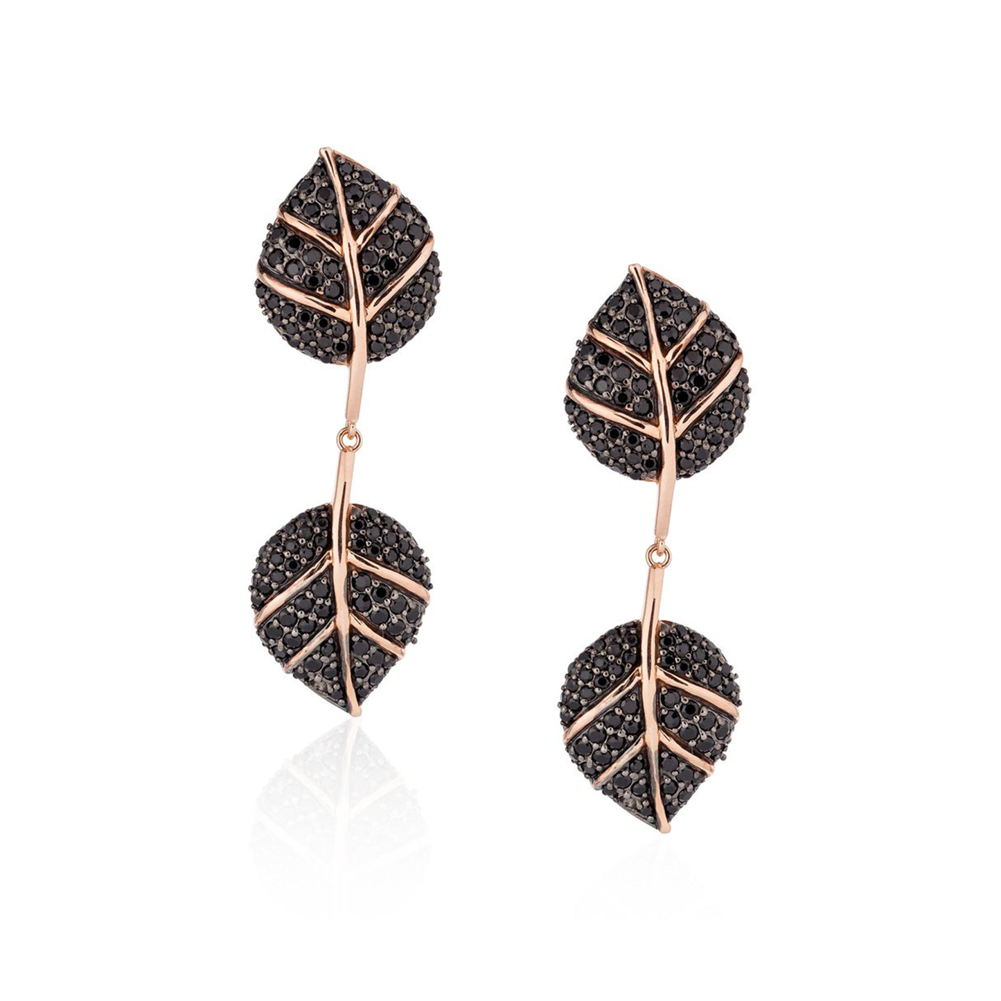 925 Silver Double Leaf Earrings with Black Sapphires