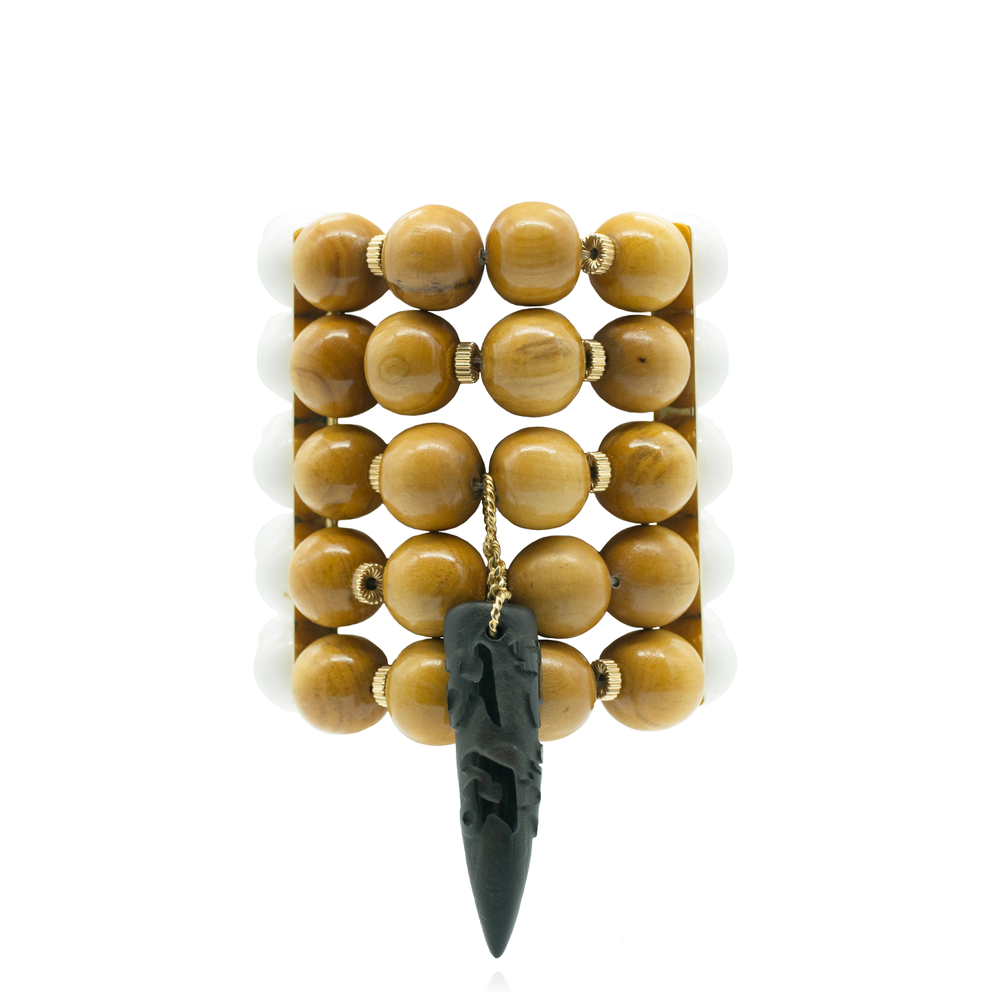 Stretchy Bracelet with Wooden & Pearl Beads, & Jade Horn