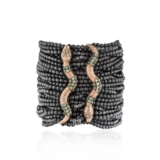 925 Silver Double-Snake Zinta Bracelet with Hematite & Green Sapphire