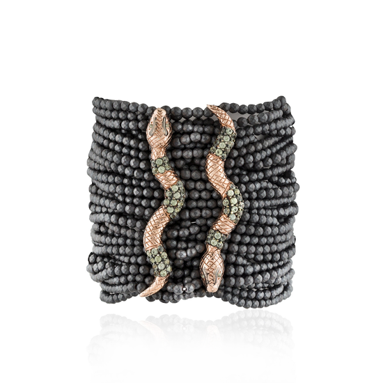 Zinta 925 Silver Double Snake Bracelet with Hematite & Green Sapphires