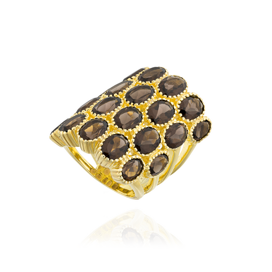 Load image into Gallery viewer, 925 Silver Ring plated in 18k Yellow Gold with Oval Cut Smoky Quartz
