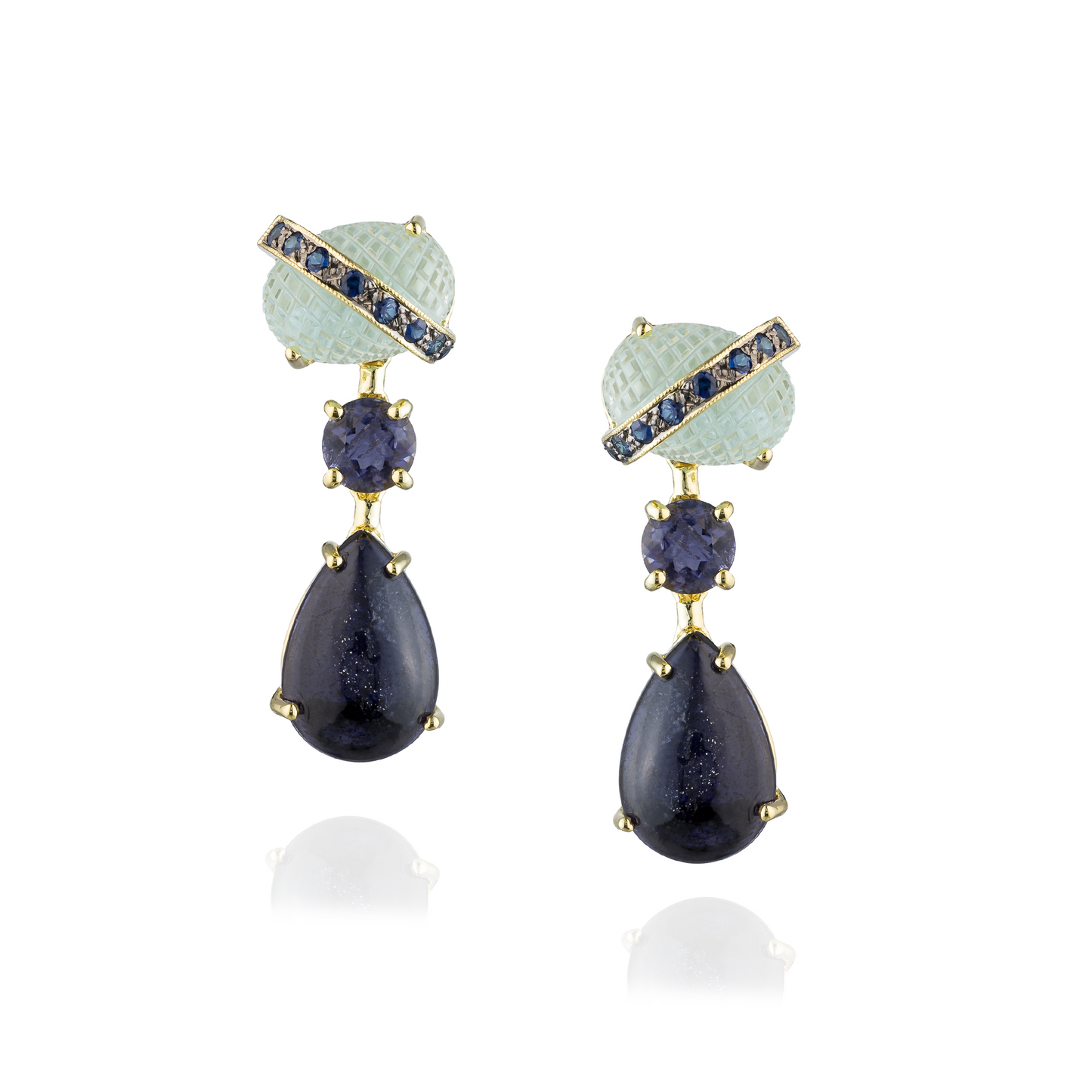 New Cab 925 Silver Earrings with Sapphire, Aquamarine  and Iolite