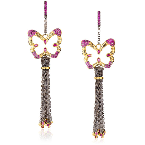 Load image into Gallery viewer, 925 Silver Butterfly Tassel Earrings with Rubies
