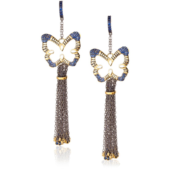 Load image into Gallery viewer, 925 Silver Butterfly Tassel Earrings with Blue Sapphires
