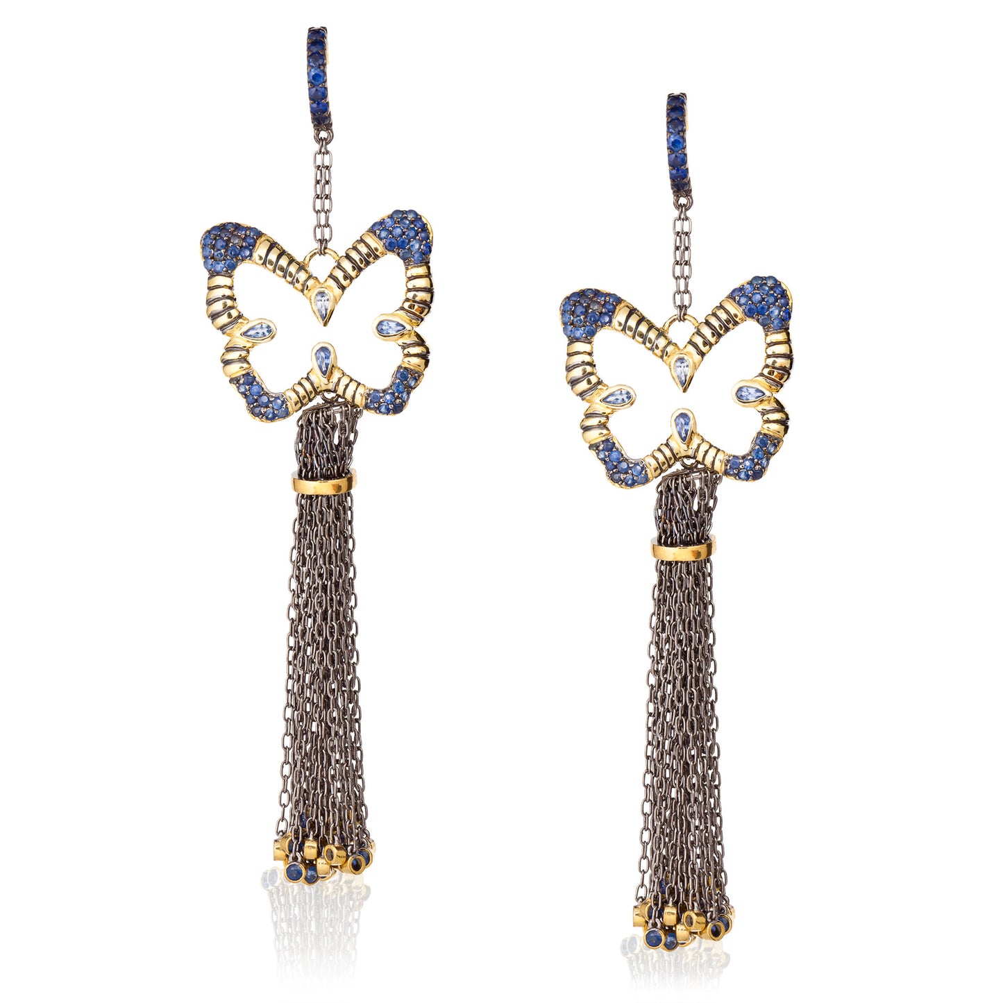 925 Silver Butterfly Tassel Earrings with Blue Sapphires