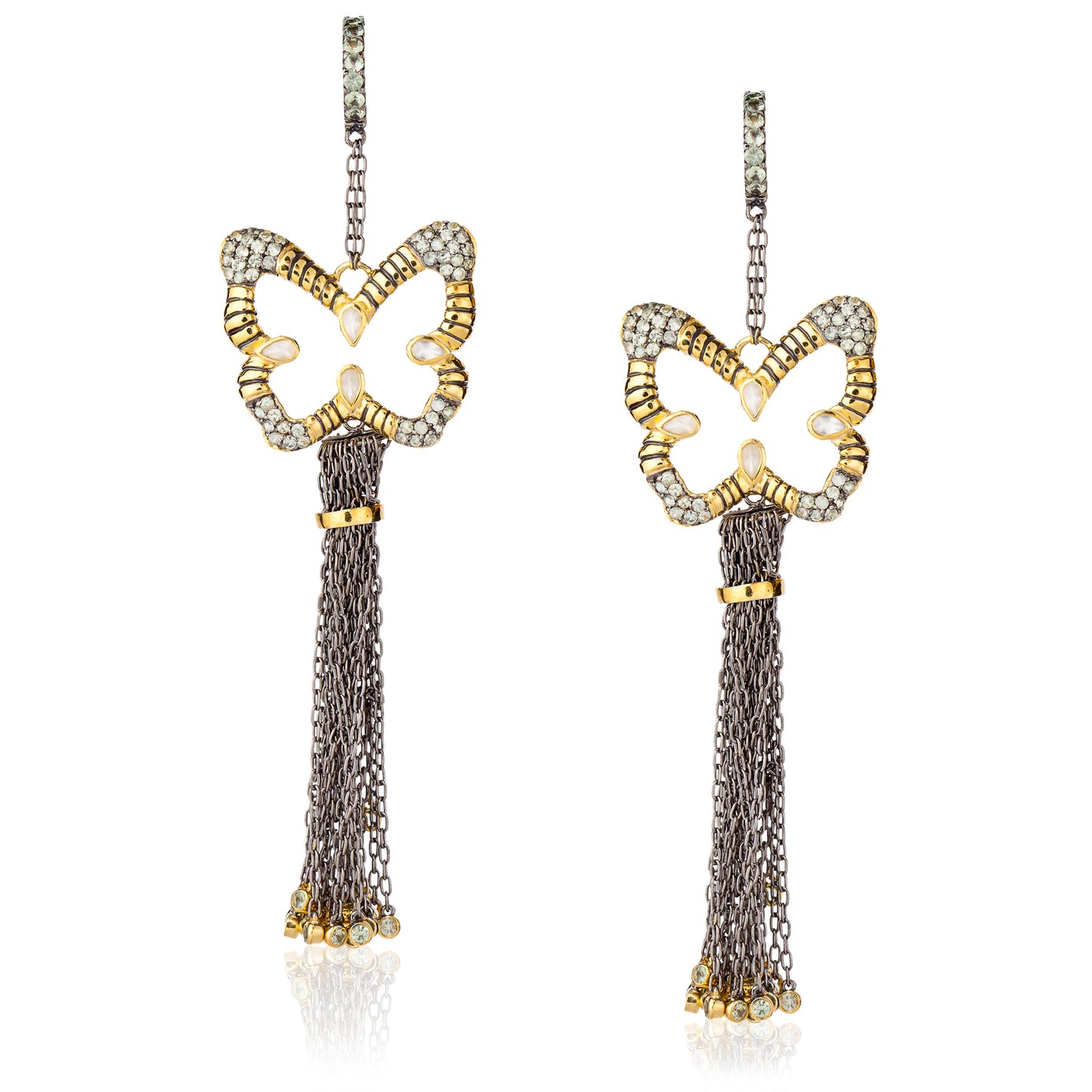 925 Silver Butterfly Tassel Earrings with Green Sapphires & Moonstones