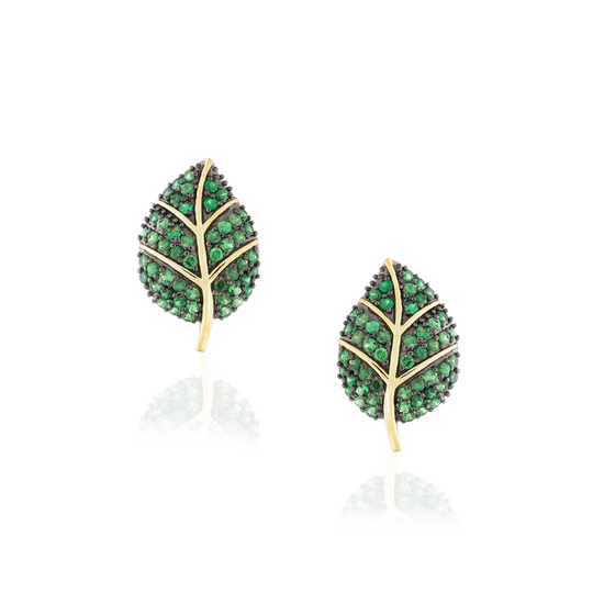 925 Silver Leaf Earrings Yellow Gold Plated with Tsavorite