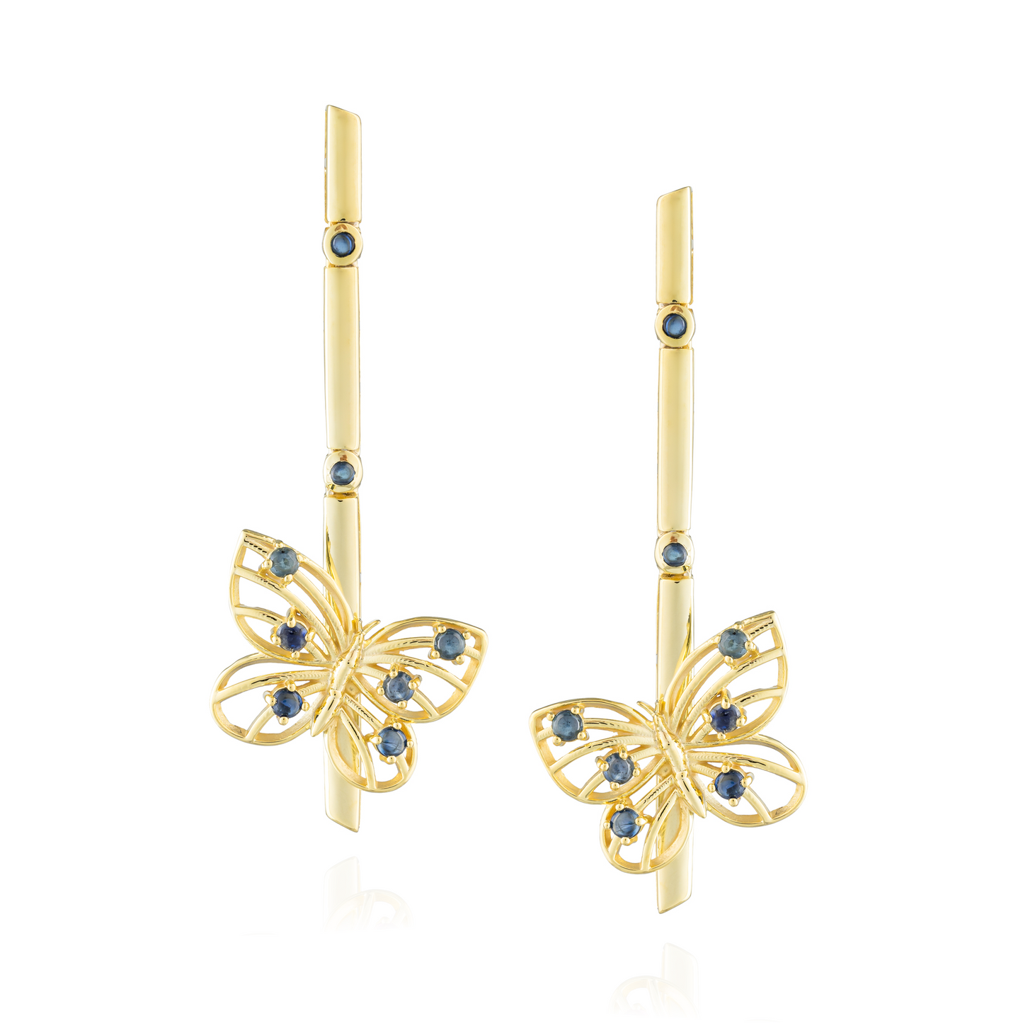 925 Silver Earring Yellow Gold Plated with Blue Sapphire Cabouchon