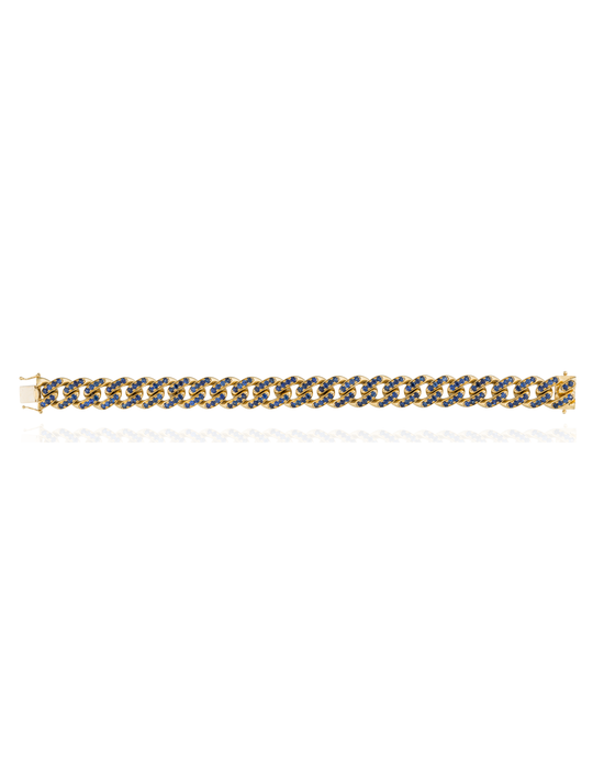 18KT Yellow Gold Cuban Link Chain  Bracelet With Blue Sapphire
