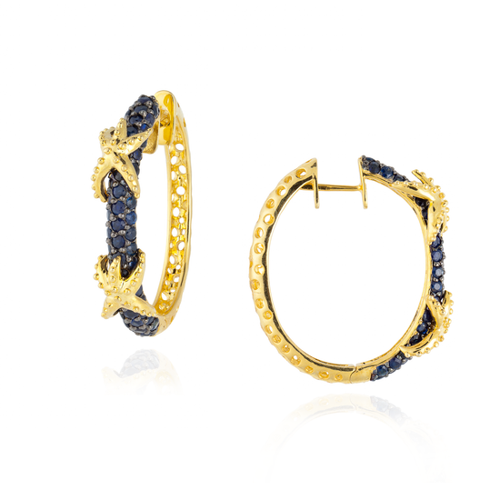 Load image into Gallery viewer, 925 Silver Hoop Earrings with Blue Sapphire Pavé
