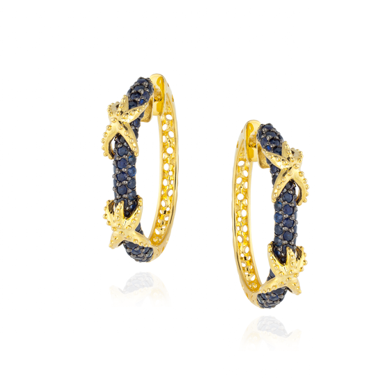 Load image into Gallery viewer, 925 Silver Hoop Earrings with Blue Sapphire Pavé
