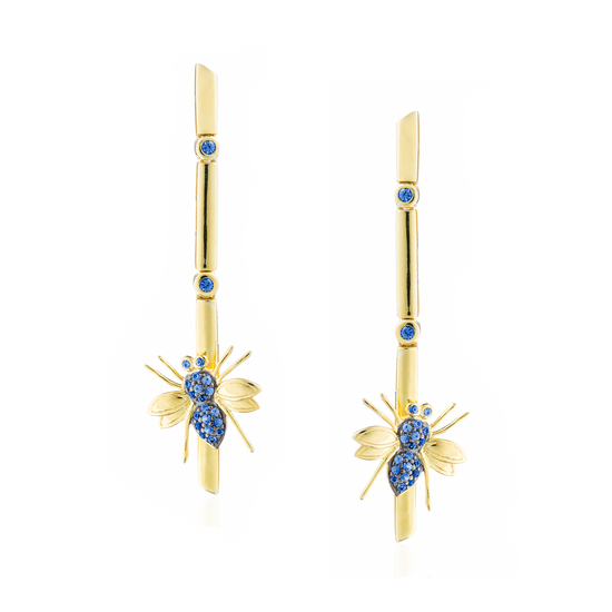 Load image into Gallery viewer, 925 Silver Earrings Plated in Yellow Gold with Blue Sapphires
