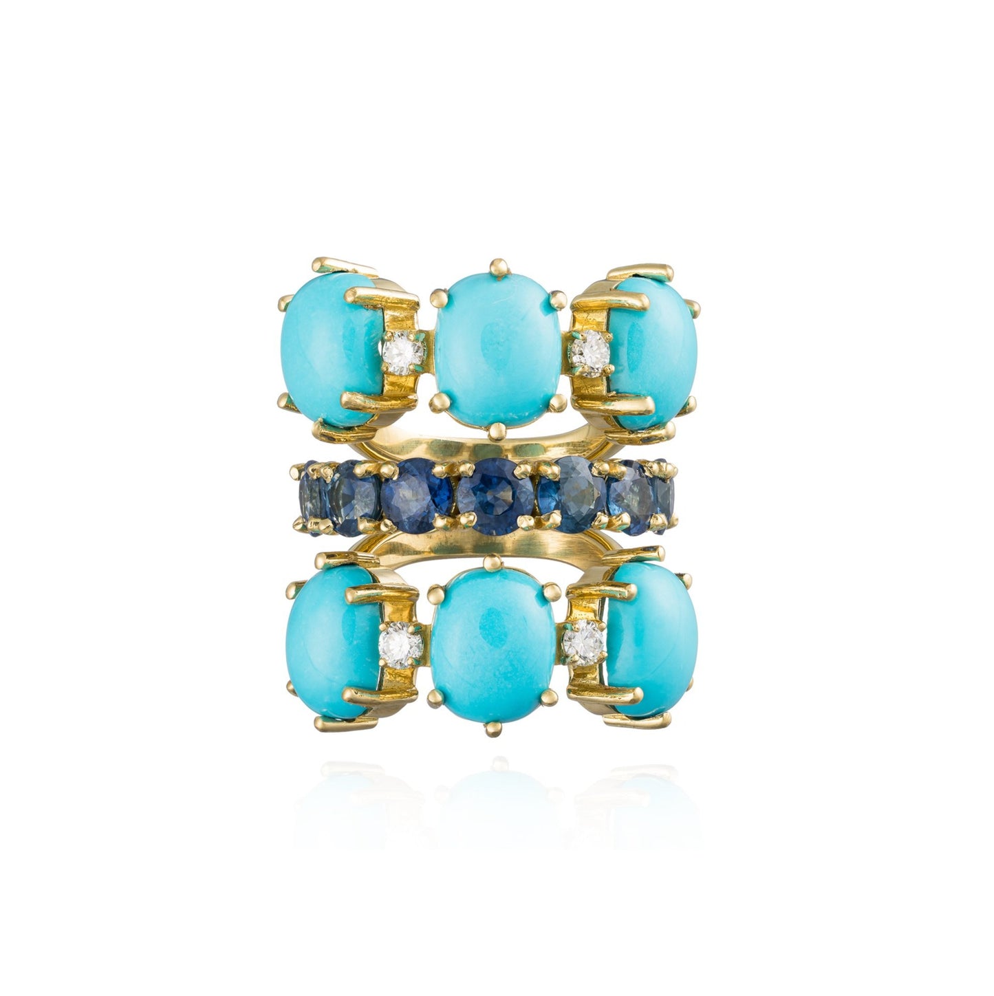 18K Yellow Gold Ring with Turquoise Cabochon & Blue Sapphires