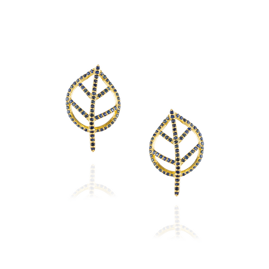 925 Silver Leaf Earrings plated in 18k Yellow Gold with Blue Sapphire