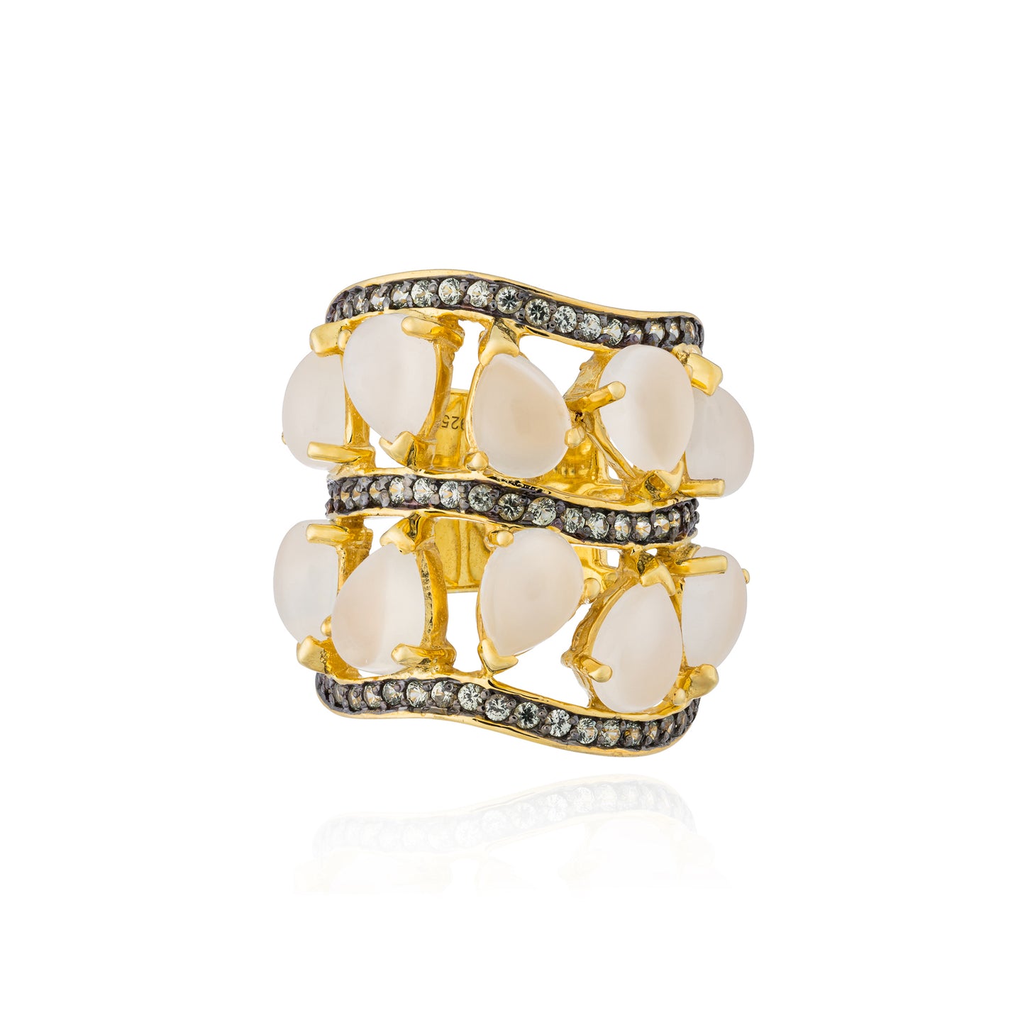 925 Silver Floret Ring with Moonstone & Green Sapphire