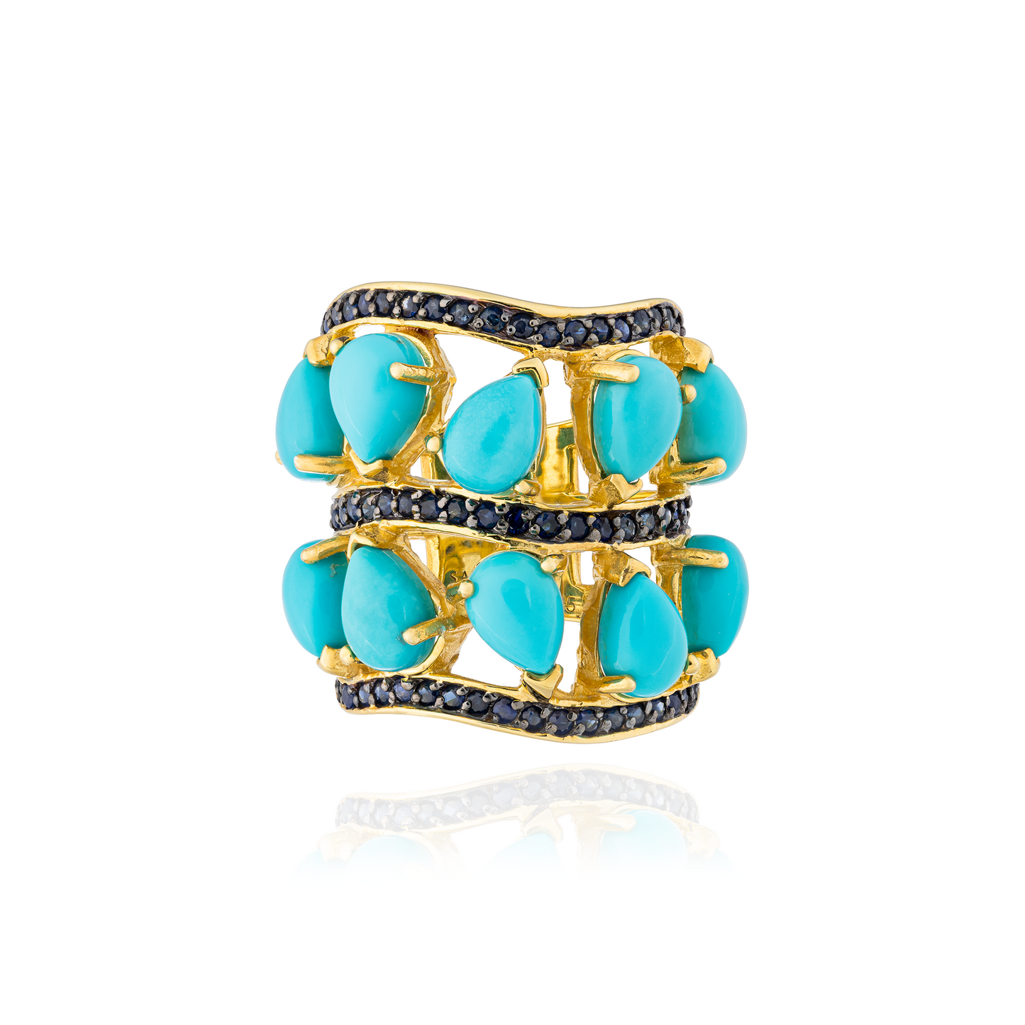 Floret 925 Silver Ring with Pear Shaped Turquoise & Blue Sapphire Pavé