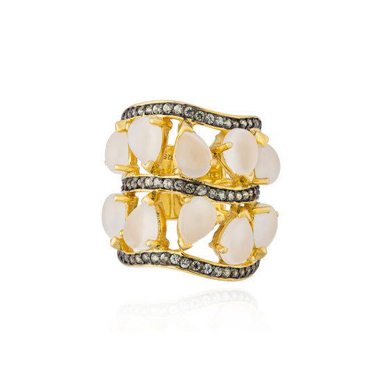 925 Silver Floret Ring with Moonstone & Green Sapphire