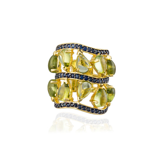 Load image into Gallery viewer, Floret 925 Silver Ring with Peridot Cabochons &amp;amp; Blue Sapphire

