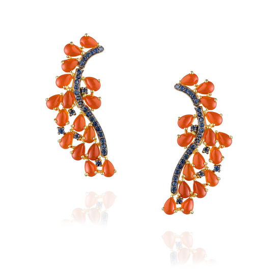 925 Silver Earrings Yellow Gold Plated with Carnelian and Blue Sapphires