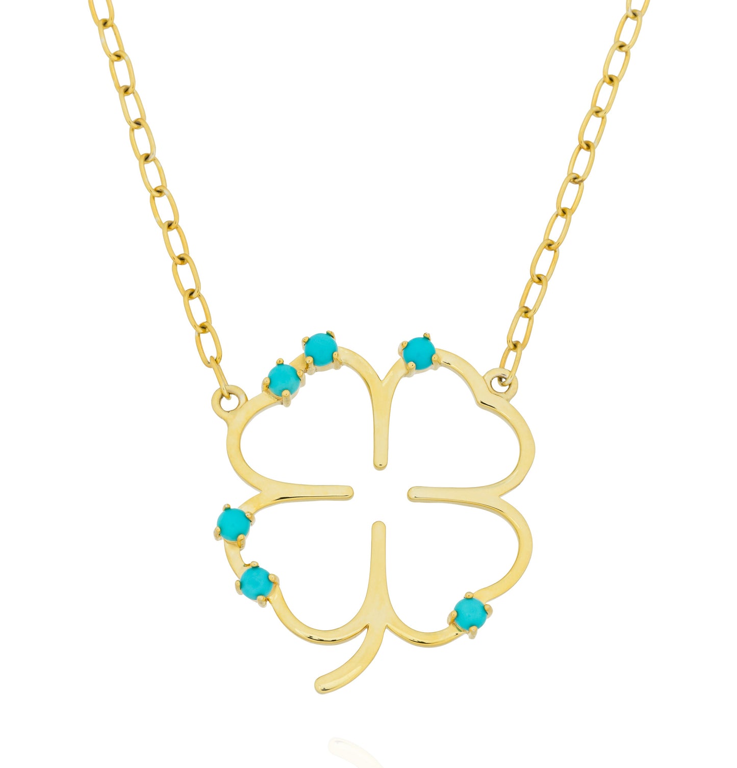 925 Silver Gold Plated 18KT Large Clover Necklace with Turquoise Cabouchon