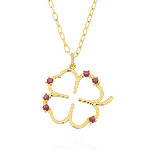 925 Silver 18KT Yellow Gold Plated Long Chain Large Clover with Rhodolite Cabouchon