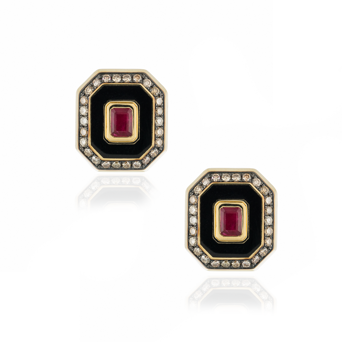 18KT Yellow Gold Cufflinks with Enamel, Diamonds and Ruby