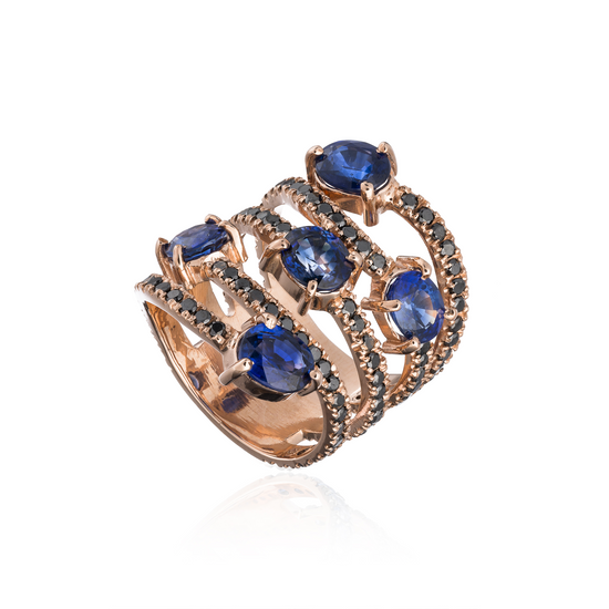 14k Rose Gold Ring with Blue Sapphire and Black Diamonds