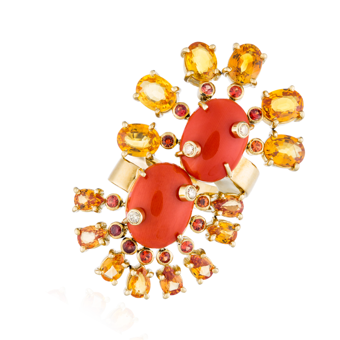 18K Yellow Gold Ring with Red Coral Cabochons, Orange Sapphire & Diamonds