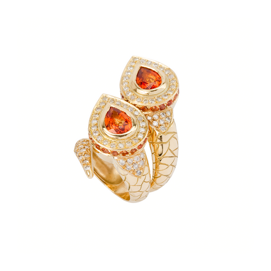 18K Yellow Gold Snake Ring with Orange Sapphires & Diamonds